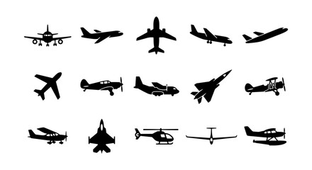 Diverse Aircraft Silhouettes Collection, Aviation Icons Set, Airplane and Helicopter Vector Graphics for Transport and Travel Concepts © Taslima