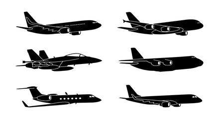 Set of six black silhouette aircraft icons, including commercial jets, fighter plane, and private jet, vector graphics for aviation and travel themes © Taslima