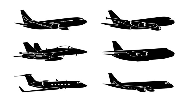 Set of six black silhouette aircraft icons, including commercial jets, fighter plane, and private jet, vector graphics for aviation and travel themes
