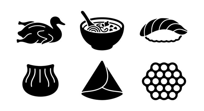 Asian Food Icons Set: Roasted Duck, Noodle Soup, Sushi, Dumpling, Samosa, Honeycomb Vector Graphics for Culinary Design