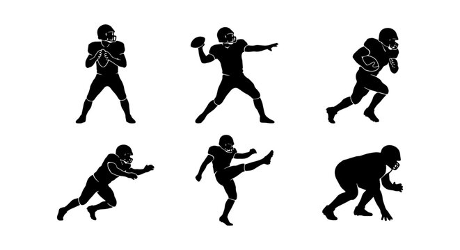 American Football Player Silhouettes, Action Poses Vector Set: Quarterback Throwing, Kicker, Runner, Defensive Player, 6 Icons for Sports Graphics