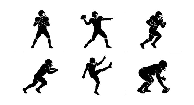 American Football Player Silhouettes, Action Poses Vector Set: Quarterback Throwing, Running Back, Kicker, Receiver Catching, Defensive Player Tackling, Sports Icon Collection