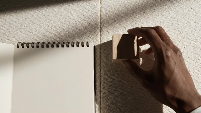 Close-up on blank spiral bound notebook page with natural light casting shadows and a hand holding wooden cube block