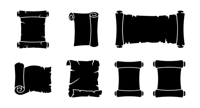 Vintage Scroll Collection, Aged Parchment Icons, Rolled Paper Graphics, Historical Document Silhouettes, Set of 7 Black Vector Elements