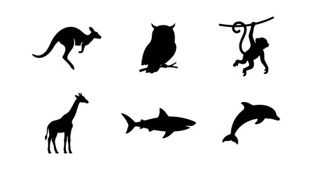 Silhouette Animal Icons Set: Kangaroo, Owl, Monkey, Giraffe, Shark, Dolphin Vector Graphics for Wildlife and Nature Designs © Taslima