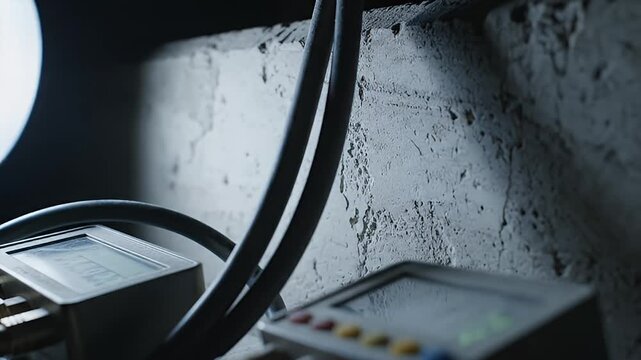 Close-up on two black electronic devices with green displays wires and rough concrete wall