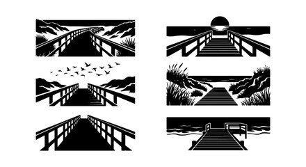 Obraz premium Wooden Boardwalk and Pier Vector Icons Set, Coastal Landscape Pathways, Seaside Journey and Vacation Scenes, Black and White Graphic Elements