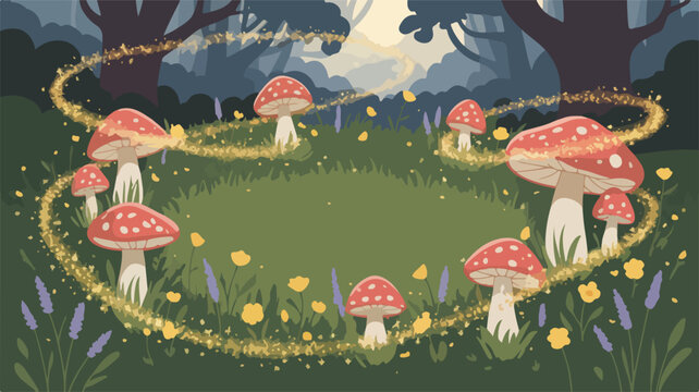 Enchanted fairy ring mushroom circle in magical forest at twilight