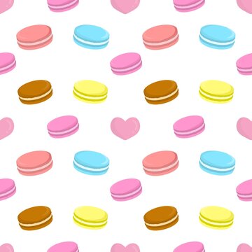 Seamless pattern with colorful macaroon cookies. Playful macaron seamless pattern. Sweet macaroon illustration background. Dessert french macaron background.