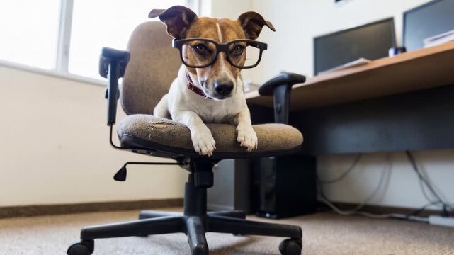 A dog is sitting on a chair in front of a messy desk with wires and cords. The scene has a playful and lighthearted mood, as the dog is wearing glasses and he is enjoying its time in the office