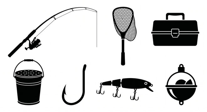 Complete Essential Fishing Tackle and Gear Silhouette Icon Set: Black Vector Illustrations of Fishing Rod with Reel, Landing Net, Tackle Box, Bait Bucket, Hook, Lure, and Float Isolated on White Backg