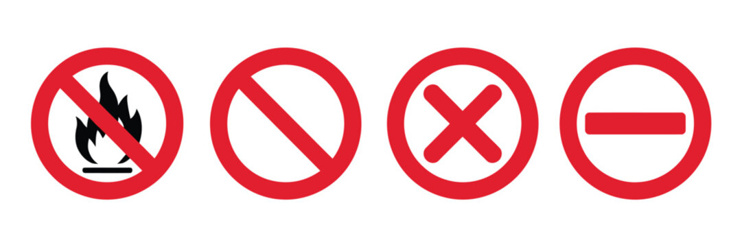 Prohibition sign icons with no fire no entry and cancel symbols vector graphic for hazard prevention safety notice and regulation concepts