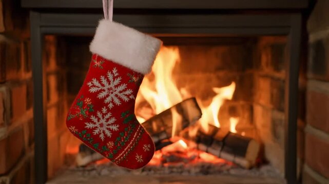 A festive Christmas stocking hangs on a mantelpiece in front of a warm, glowing fireplace with logs burning brightly, evoking a cozy holiday atmosphere