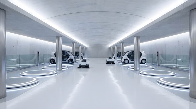 Modern underground parking garage with autonomous cleaning robots and electric vehicles.