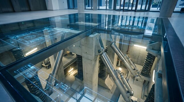 Transparent glass floor revealing modern seismic isolation system with large springs and hydraulic dampers for building stability.