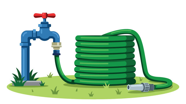 Vector Illustration of a Green Coiled Garden Hose Connected to an Outdoor Blue Water Faucet on a Patch of Grass