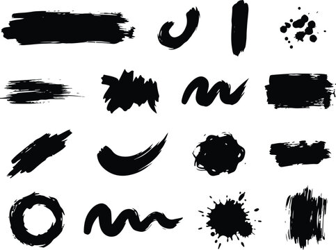 Black Ink Paint Brush Strokes and Grunge Texture Splatter Elements Set