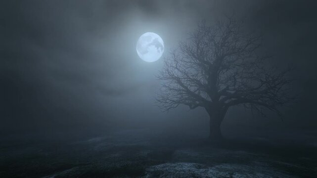 A dark, eerie, and mysterious full moon looms over a barren, silhouetted tree in a foggy, atmospheric landscape, creating a sense of solitude and the unknown
