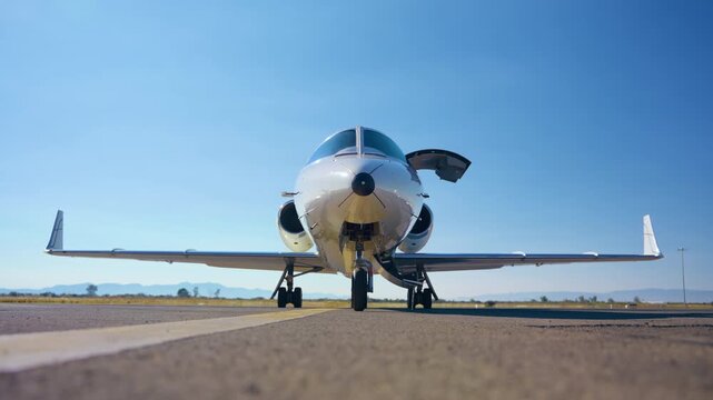 Sleek white private jet sits on airport tarmac with passenger door open and stairs deployed. Front view shows twin engines and landing gear against clear blue sky and distant mountains.