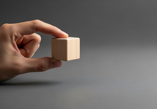 Hand holding a single wooden cube building block on a gray background