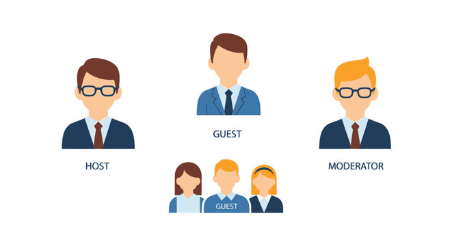 Flat vector illustration set of professional business avatars for video conferencing including labeled icons for host, moderator, and guests in formal office attire on white background.