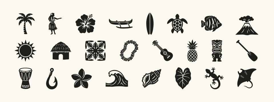 Set of Hawaiian Culture and Tropical Island Icons