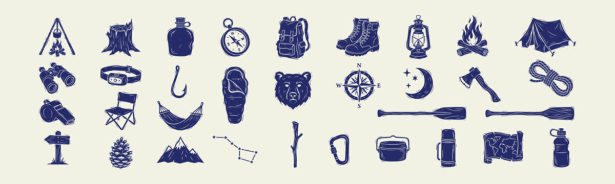 Vintage Camping and Hiking Outdoor Adventure Icon Set
