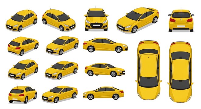 Isometric view yellow car set isolated on white background various angles
