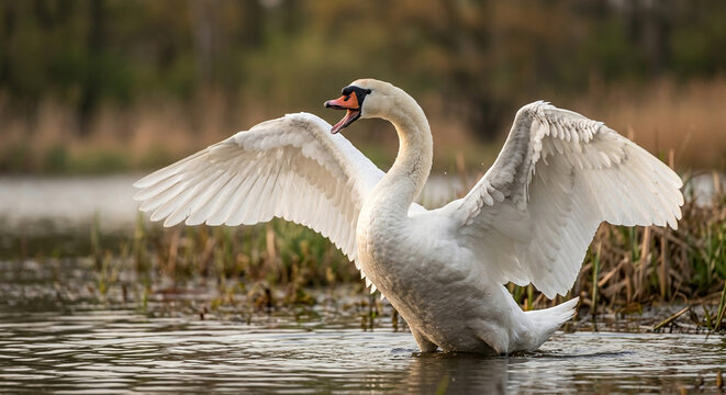 Beautiful white swan spreading its wings gracefully on a calm lake during golden sunrise light