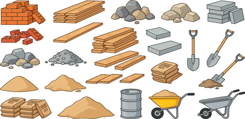 Comprehensive construction building materials vector icon set featuring red bricks timber wood sand gravel cement bags concrete blocks shovels wheelbarrows and industrial oil barrel. © Mahan