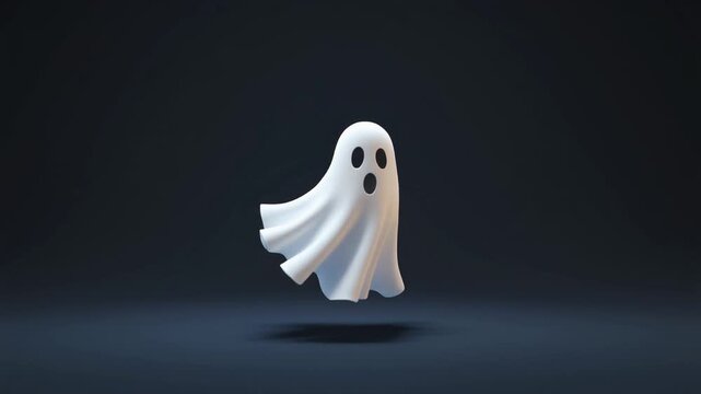 Charming 3D rendered white ghost character illustration, floating playfully in a dark mysterious void, perfect for lighthearted spooky season designs and Halloween projects