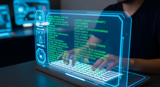 Person typing on laptop with glowing blue screen displaying code