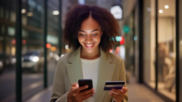 Smiling young woman makes a secure online payment using her smartphone and credit card on a vibrant city street at night, symbolizing modern digital commerce and convenient financial transactions