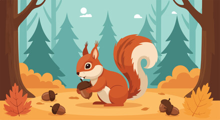 A cartoon squirrel holds an acorn in a forest © Jeremy