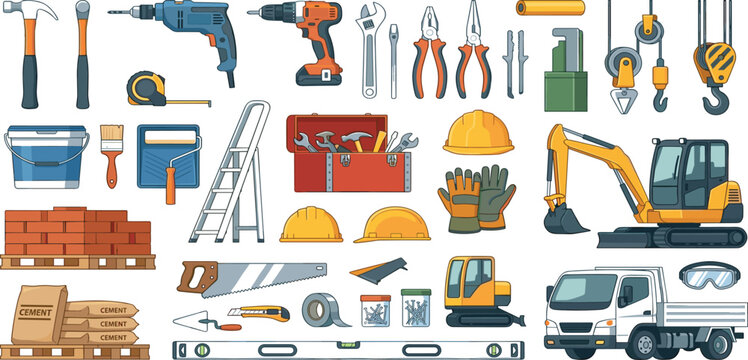Comprehensive construction tools and building materials vector set with excavator, truck, power drills, safety gear, bricks, cement, hand tools, and industrial equipment icons.