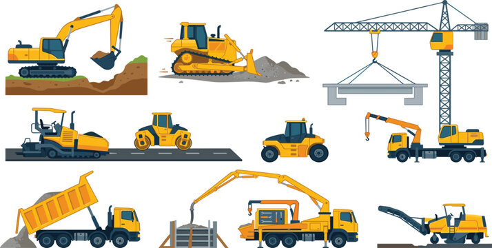 Comprehensive heavy construction machinery vector icon set featuring excavator bulldozer tower crane dump truck asphalt paver road roller and concrete pump truck.