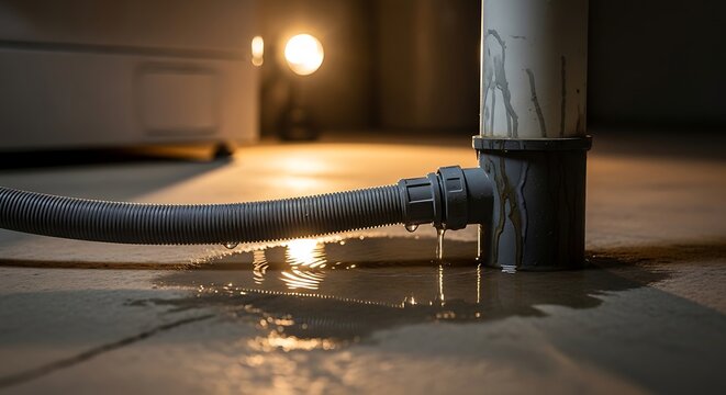 Leaking pipe with water damage in a residential basement environment closeup
