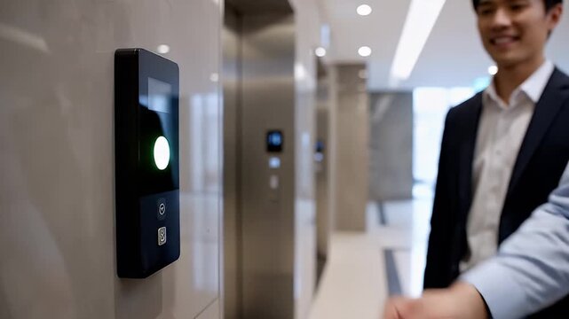 Hand holding access card to enter elevator with businessman in background close-up
