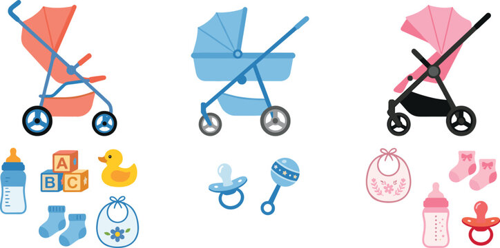 Set of Baby Stroller and Accessories Vector Icons Including Bottles, Pacifiers, and Clothing for Infant and Baby Care Designs