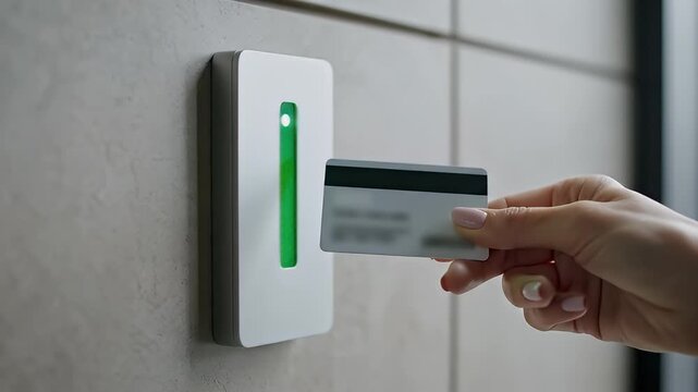 Hand holding access card to unlock door with security card reader and red light indicator
