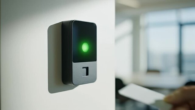 Hand holding access control card to scan at modern black RFID reader on white wall office interior