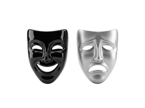 Polished black comedy and silver tragedy theatrical masks side by side isolated transparent background image