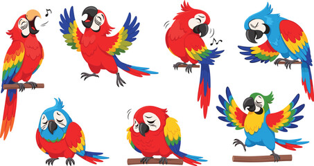 Fototapeta premium Colorful Parrot Illustrations Singing and Flying, Bright Tropical Birds in Various Poses for Nature and Animal Lovers' Designs