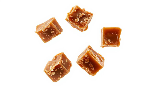 Five pieces of delicious chewy brown toffee or fudge candy, textured with fine grooves, falling and isolated on a pure white background.