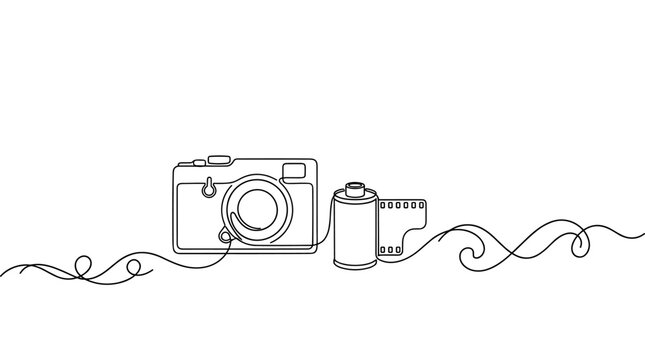 Minimalist continuous line art of a vintage camera and film roll design