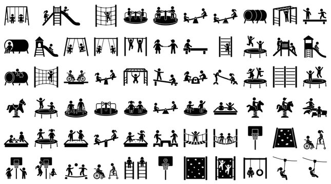 Children Play Recreation Elements Park Swing Slide Merry-Go-Round Icons Graphic Set