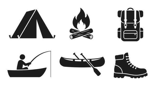 Outdoor adventure and camping icons set: tent campfire backpack fishing canoe boot