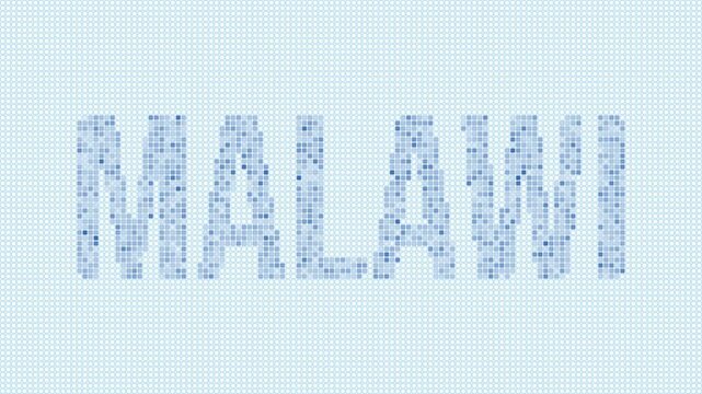 Malawi dotted map animation. Digital style shape of the country. Malawi shape and title dots appear with bulb flickering effect. Intro, outro, logo, title video.