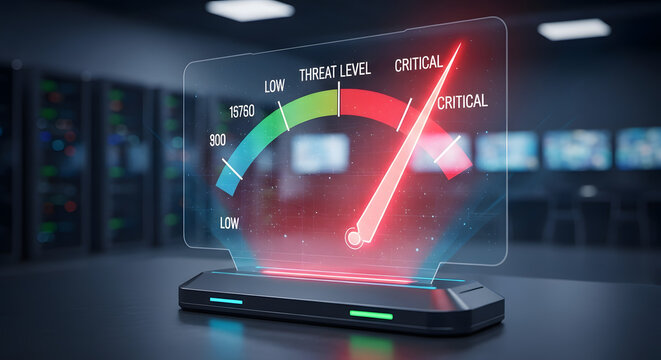 A critical threat level indicator shows high alert on a futuristic device in a server room.