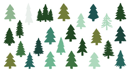 Obraz premium Collection of stylized evergreen trees in various shades of green and white, perfect for winter holiday and nature designs